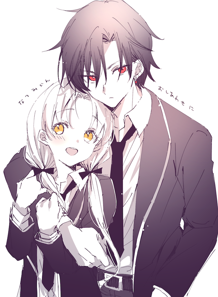1boy 1girl :d arm_around_shoulder bangs belt_buckle bow brown_eyes buckle closed_mouth collared_shirt eyebrows_visible_through_hair hair_between_eyes hair_bow jacket long_hair long_sleeves looking_at_viewer low_twintails necktie open_clothes open_jacket open_mouth original ouri_(aya_pine) pants parted_bangs red_eyes school_uniform shirt simple_background smile translation_request twintails very_long_hair white_background