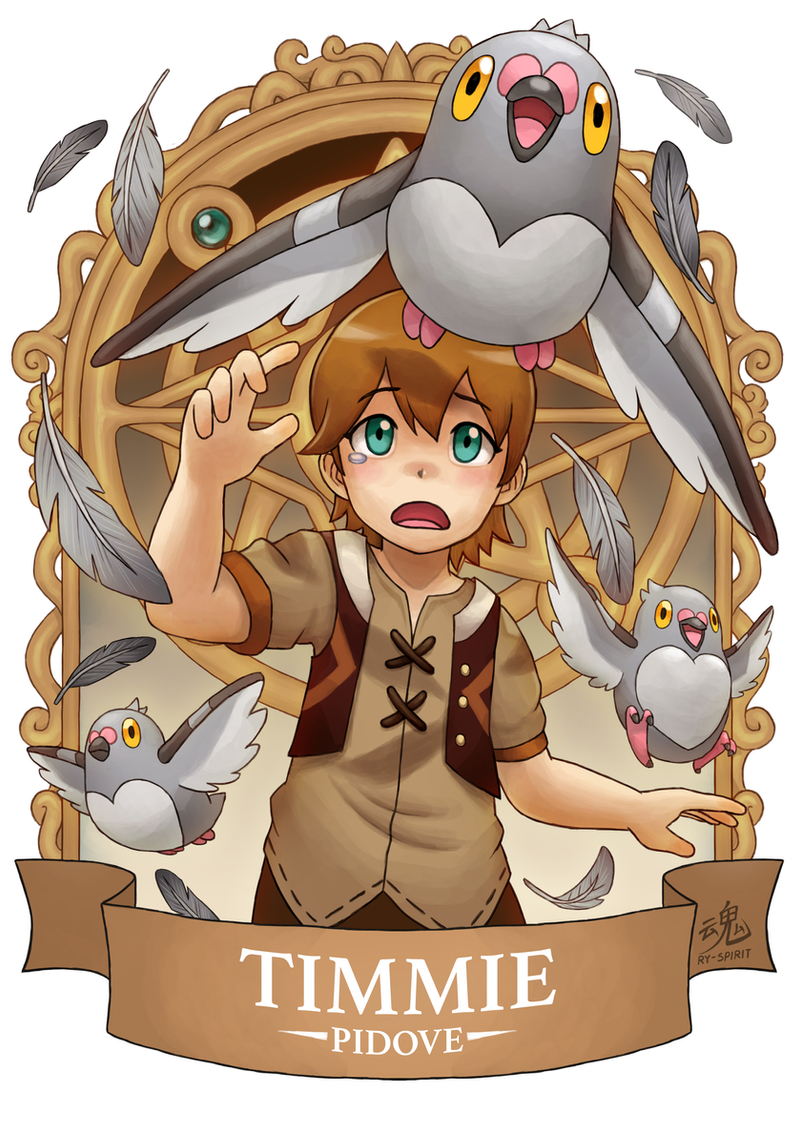 1boy bangs banner bird brown_hair character_name commentary crossover dove english_commentary eyebrows_visible_through_hair feathers genshin_impact green_eyes hair_between_eyes looking_up pidove pokemon pokemon_(creature) ry-spirit short_hair short_sleeves sidelocks tears timmie_(genshin_impact) vest_over_shirt