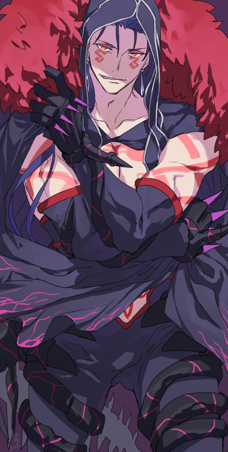 1boy blue_hair bodypaint bulge cape closed_mouth cu_chulainn_(fate) cu_chulainn_(fate/stay_night) cu_chulainn_alter_(fate/grand_order) dark_blue_hair dark_persona earrings facepaint fangs fate/grand_order fate_(series) fur-trimmed_cape fur_trim grin hood hood_up iz_izhara jewelry long_hair looking_at_viewer male_focus muscular muscular_male pants ponytail red_eyes sharp_teeth skin_tight slit_pupils smile solo teeth topless_male