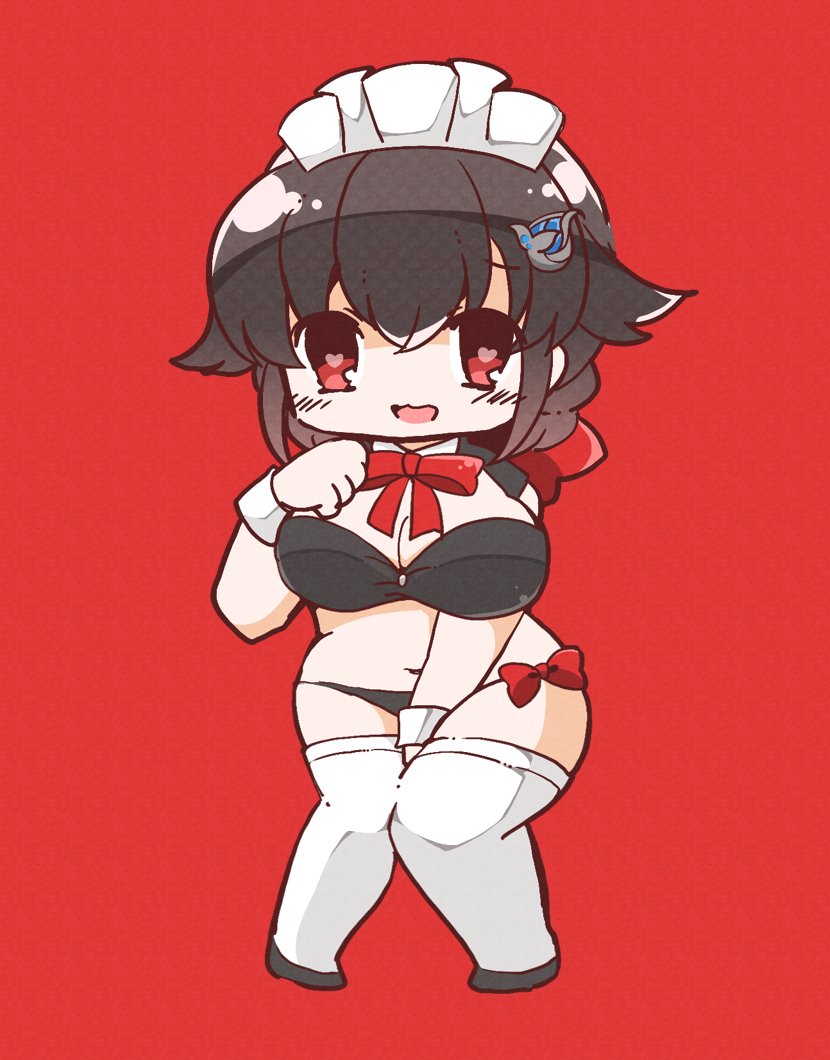 1girl bikini black_bikini black_hair bloom2425 breasts commentary_request embarrassed full_body hair_flaps hair_ornament hairclip heart heart-shaped_pupils jingei_(kancolle) kantai_collection knees_together_feet_apart large_breasts long_hair looking_at_viewer low_ponytail maid_bikini maid_headdress open_mouth red_background red_eyes solo swimsuit symbol-shaped_pupils wrist_cuffs