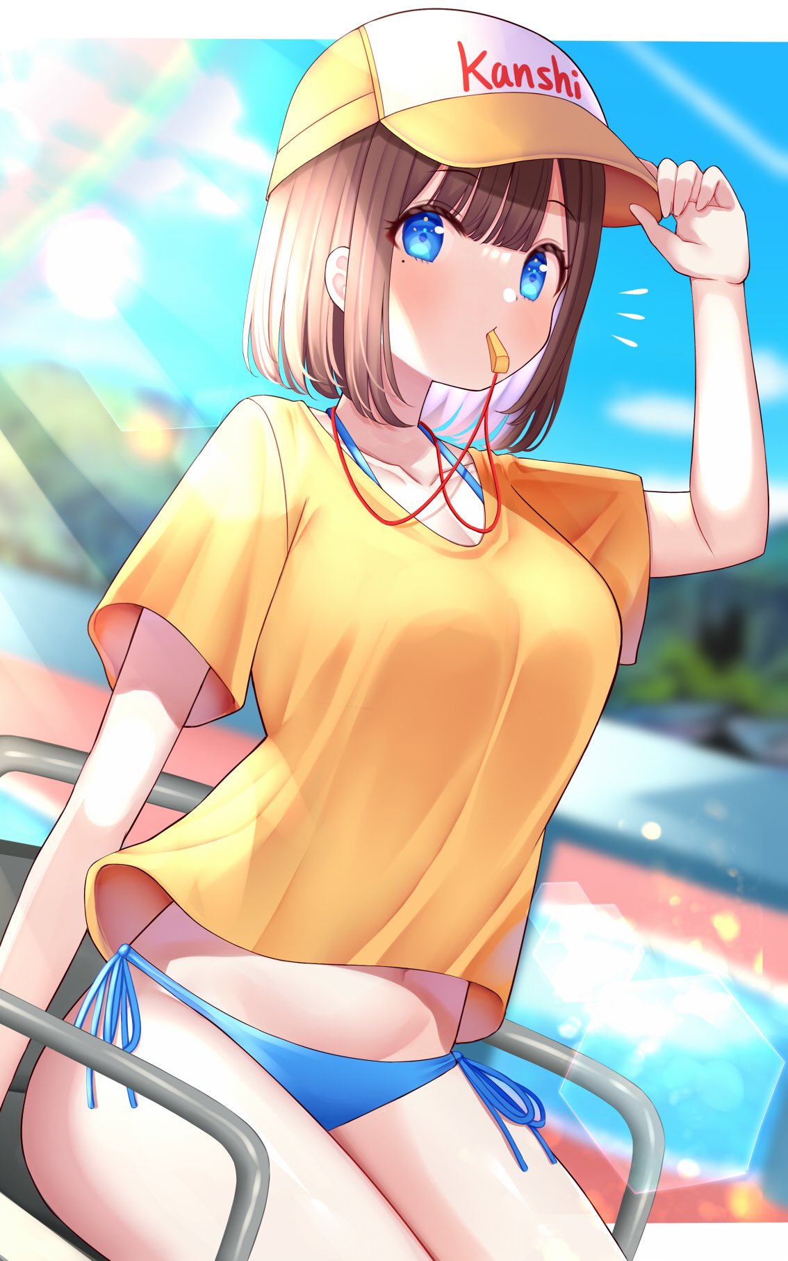 1girl bikini blowing_whistle blue_bikini blue_eyes breasts brown_hair chair hand_on_headwear hat highres mizukoshi_(marumi) navel no_pants original pool shirt short_hair side-tie_bikini swimsuit whistle yellow_shirt