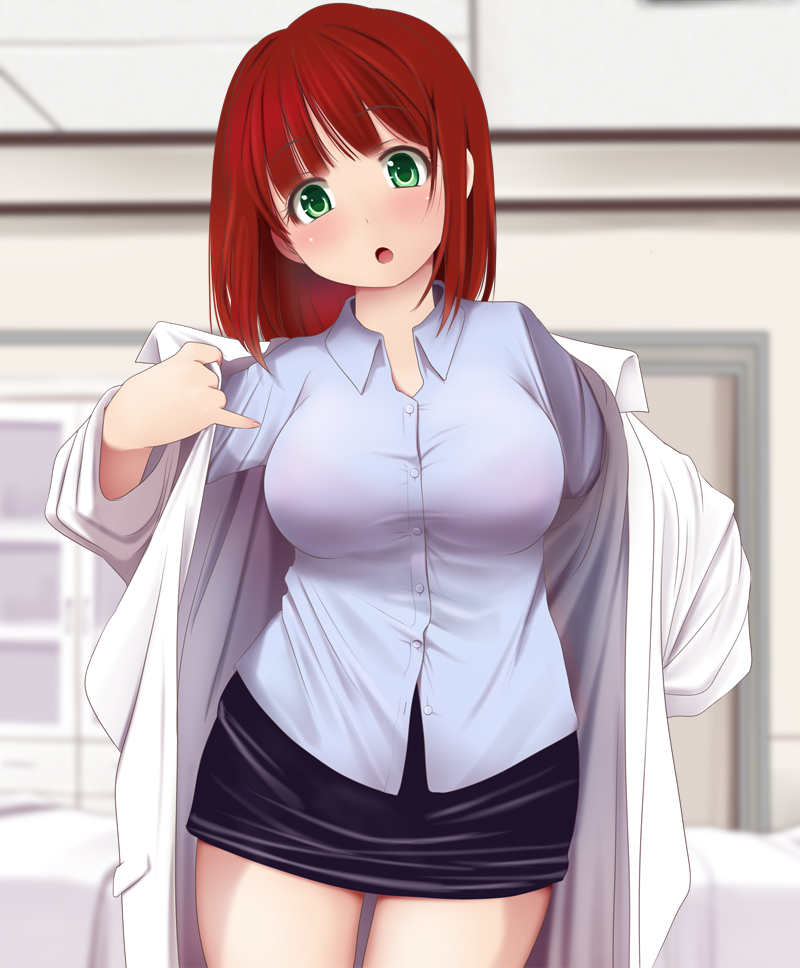 1girl black_skirt blue_shirt blurry blurry_background blush bra_through_clothes breasts collared_shirt copyright_request cowboy_shot depth_of_field dressing green_eyes head_tilt indoors kozue_akari labcoat large_breasts long_hair looking_at_viewer miniskirt parted_lips pencil_skirt redhead shirt skirt solo standing wing_collar