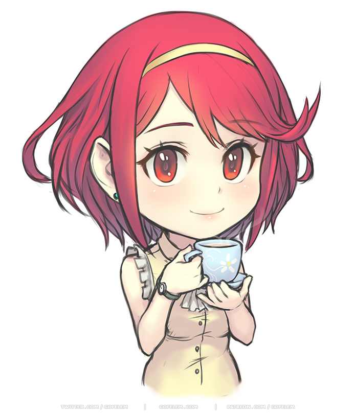 1girl alternate_costume bangs chibi cup earrings gofelem headband jewelry pyra_(xenoblade) red_eyes redhead short_hair simple_background solo swept_bangs watch white_background xenoblade_chronicles_(series) xenoblade_chronicles_2