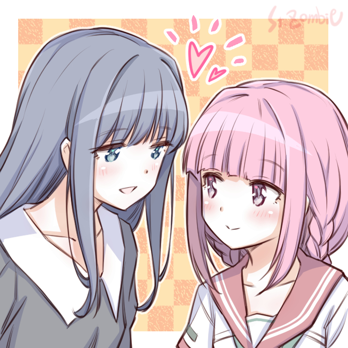 2girls artist_name blue_eyes blue_hair blush checkered checkered_background eye_contact heart looking_at_another magia_record:_mahou_shoujo_madoka_magica_gaiden mahou_shoujo_madoka_magica multiple_girls nanami_yachiyo pink_eyes pink_hair school_uniform serafuku smile studiozombie tamaki_iroha upper_body yuri