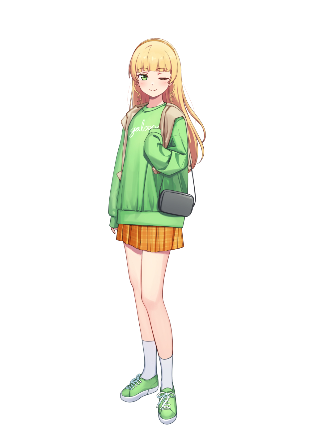 1girl alternate_costume bag bangs blonde_hair blunt_bangs commentary deadnooodles full_body green_eyes green_footwear green_shirt highres jacket long_hair long_sleeves looking_at_viewer love_live! love_live!_superstar!! one_eye_closed plaid shirt shoes simple_background skirt smile sneakers socks solo standing symbol-only_commentary white_background white_legwear