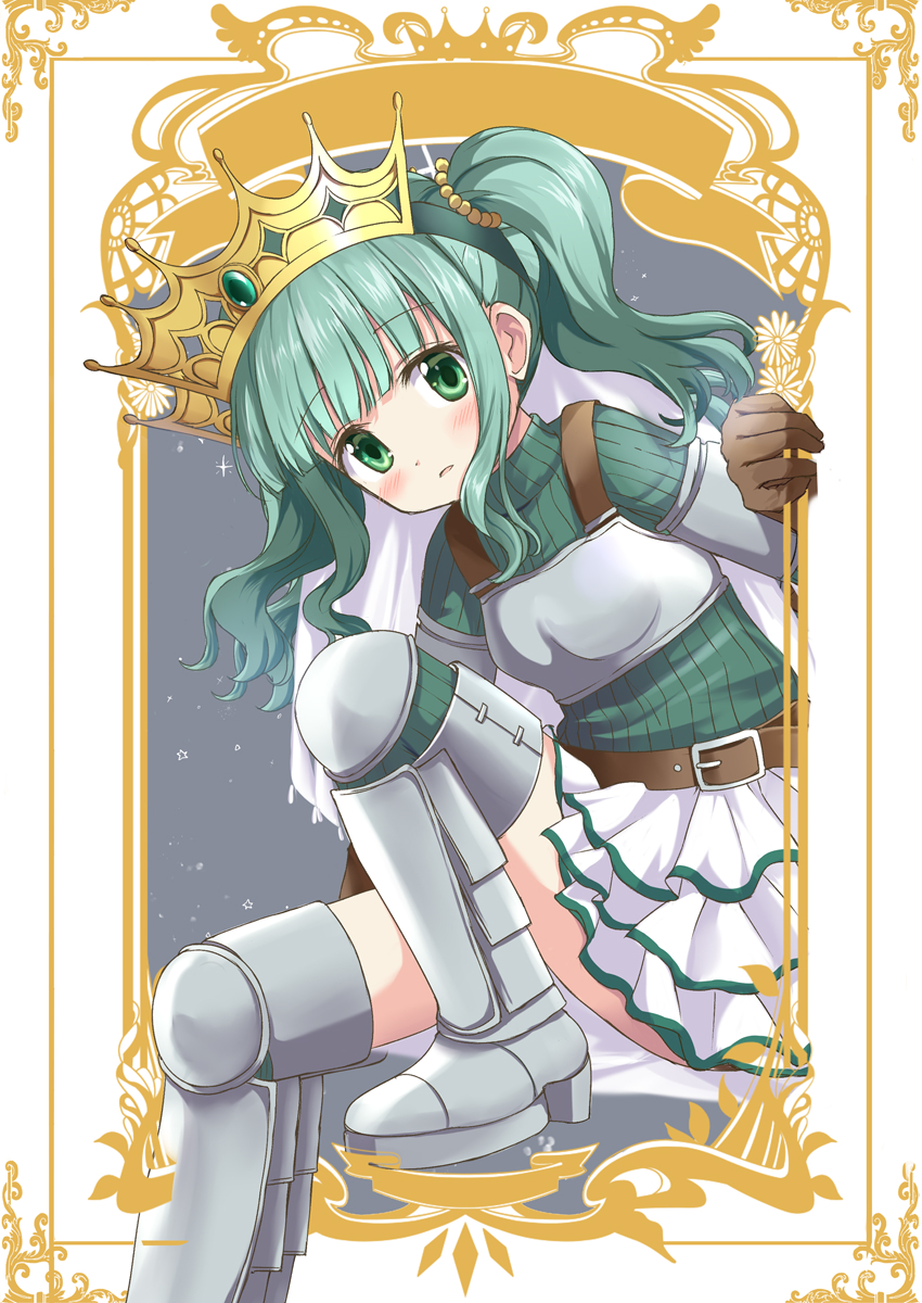1girl arm_at_side armor armored_boots bangs belt blunt_bangs boobplate boots breastplate breasts brown_belt brown_gloves crown daisy dot_nose error expressionless eyebrows_visible_through_hair flower foot_out_of_frame framed futaba_sana gloves green_eyes green_hair green_sweater grey_background hair_bobbles hair_ornament highres knee_pads knee_up layered_skirt leaning_forward light_blush light_particles looking_at_viewer magia_record:_mahou_shoujo_madoka_magica_gaiden mahou_shoujo_madoka_magica parted_lips ribbed_sweater rikopin shiny shiny_hair sidelocks simple_background skirt small_breasts solo sparkle sparkle_background star_(symbol) starry_background sweater tareme thigh-highs thigh_boots thighs turtleneck turtleneck_sweater twintails two-tone_background veil wavy_hair white_background white_flower white_skirt