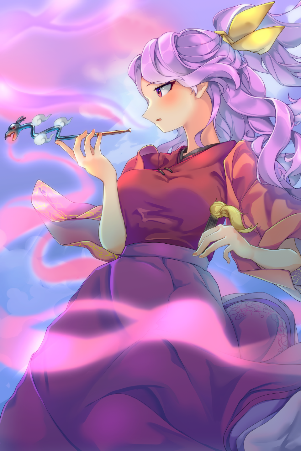 1girl blowing_smoke blush breasts closed_fan cowboy_shot folding_fan hand_fan highres holding holding_pipe japanese_clothes kimono kiseru komakusa_sannyo long_hair medium_skirt open_clothes open_mouth pipe ponytail purple_hair purple_skirt red_eyes red_kimono ribbon skirt smoke tobacco touhou wankosoba wide_sleeves yellow_ribbon