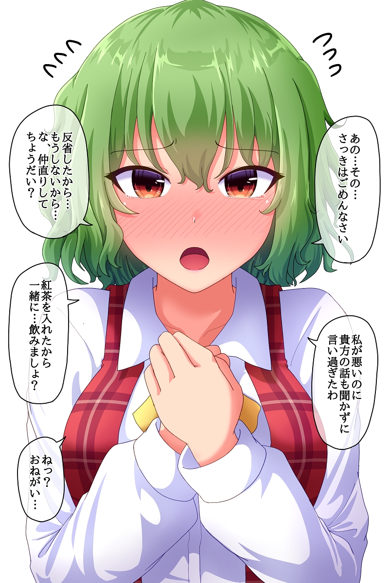 1girl bangs blush breasts commentary_request eyebrows_visible_through_hair fusu_(a95101221) green_hair highres kazami_yuuka large_breasts long_sleeves nose_blush open_mouth red_eyes short_hair simple_background solo speech_bubble touhou translation_request upper_body white_background