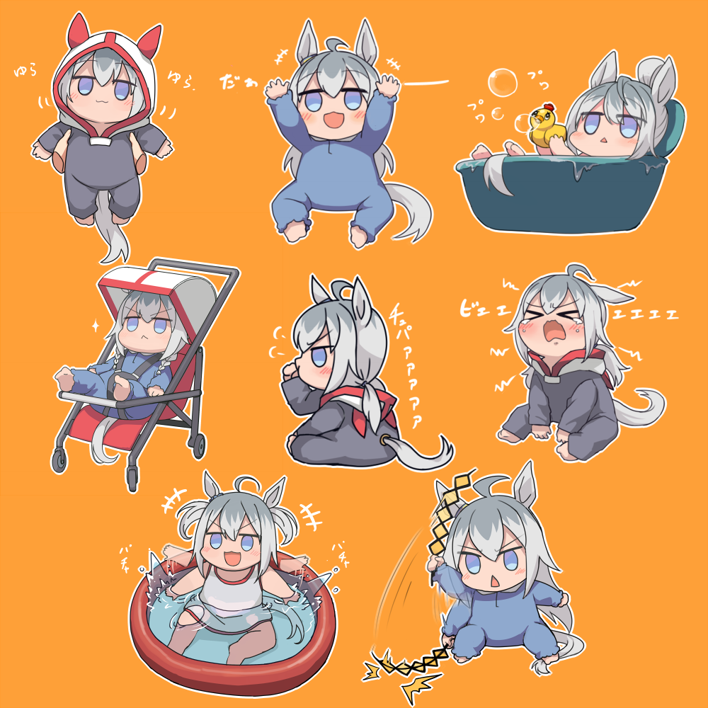 &gt;_&lt; +++ 1girl afterimage ahoge animal_ears arms_up baby bathtub blue_eyes blush bubble commentary_request crying grey_hair hood hood_down hood_up horse_ears horse_girl horse_tail jitome kusanagi_kaoru lifting_person long_hair multicolored_hair multiple_views oguri_cap_(umamusume) onesie open_mouth orange_background out_of_frame partially_submerged rubber_duck simple_background smile sparkle splashing stroller tail thumb_sucking tied_hair two-tone_hair umamusume v-shaped_eyebrows wading_pool water younger