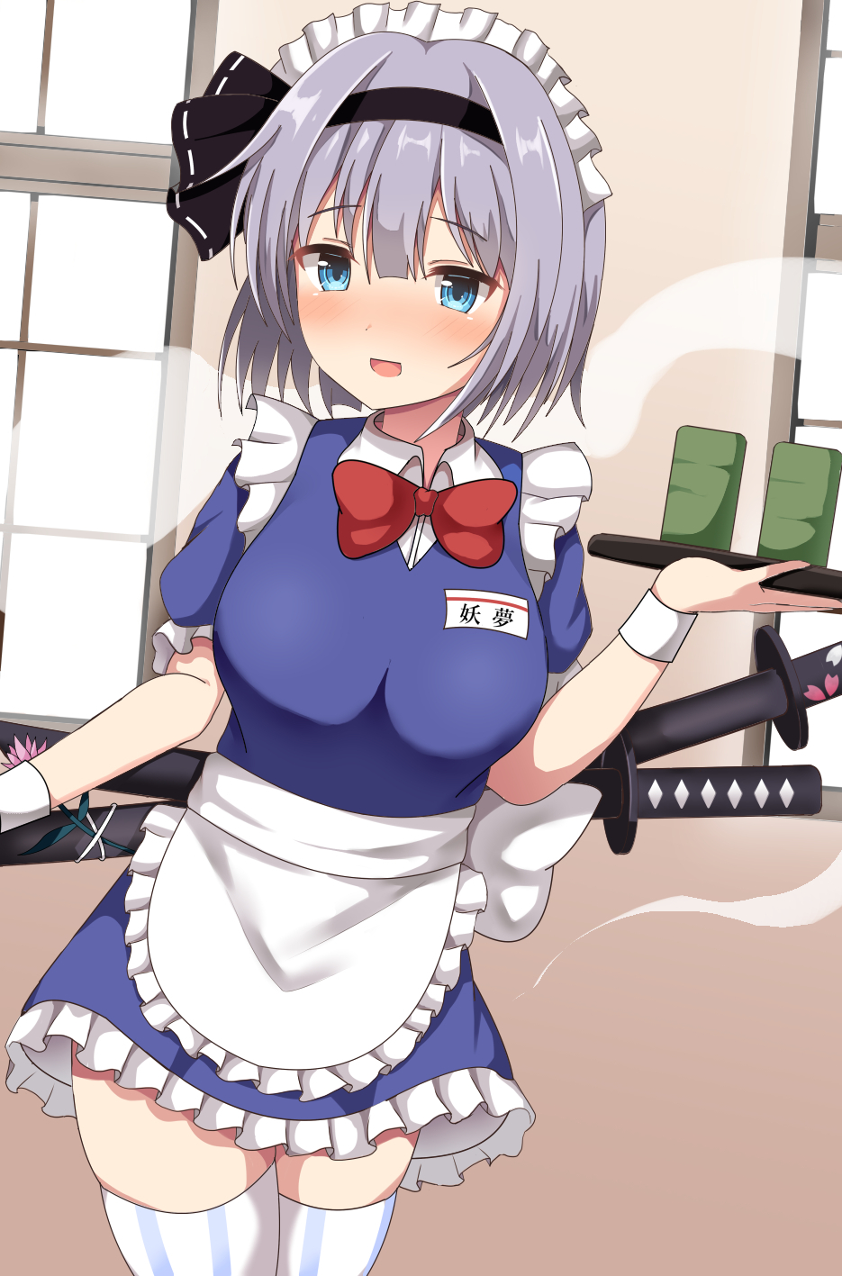1girl alternate_costume apron bangs black_hairband blue_dress blue_eyes blush bow breasts collared_shirt commentary_request cup dress enmaided guard_vent_jun hairband highres katana konpaku_youmu konpaku_youmu_(ghost) looking_to_the_side maid maid_apron maid_headdress medium_breasts nose_blush open_mouth puffy_short_sleeves puffy_sleeves red_bow red_neckwear scabbard sheath shirt short_hair short_sleeves shouji silver_hair sliding_doors solo sword teacup thigh-highs touhou tray weapon white_legwear white_shirt wing_collar wrist_cuffs