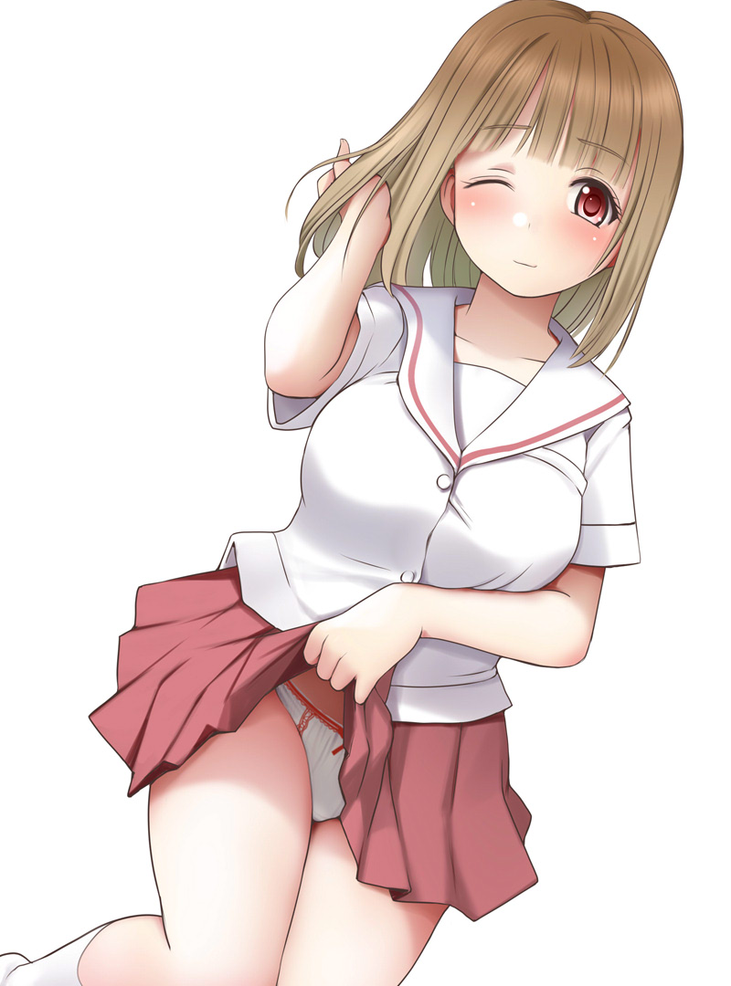 1girl bangs blush breasts brown_hair closed_mouth commentary_request dutch_angle eyebrows_visible_through_hair fukuji_mihoko hand_in_hair hand_up kozue_akari light_smile long_hair medium_breasts one_eye_closed panties pleated_skirt red_eyes red_skirt sailor_collar saki school_uniform serafuku shirt short_sleeves simple_background skirt socks solo underwear white_background white_legwear white_panties white_sailor_collar white_shirt