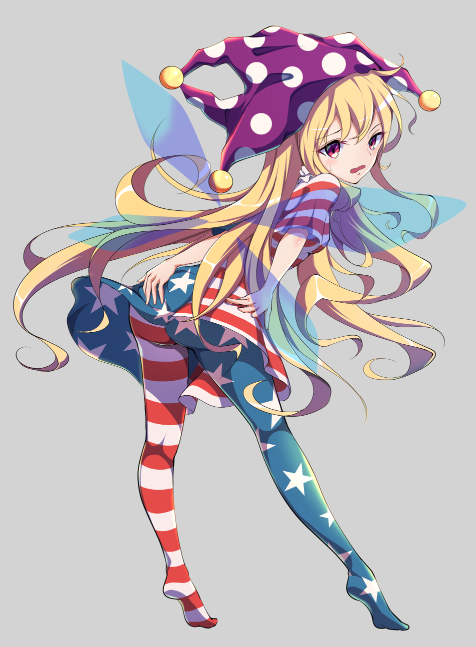 1girl american_flag_dress american_flag_legwear ass bangs blonde_hair blush clownpiece dress eyebrows_behind_hair fairy_wings full_body grey_background hat highres holding holding_torch jester_cap long_hair looking_at_viewer looking_back neck_ruff open_mouth pantyhose polka_dot polka_dot_background purple_headwear red_eyes short_sleeves simple_background smile solo star_(symbol) star_print striped striped_dress striped_legwear sweatdrop torch touhou wings yamanakaume