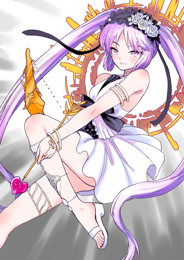 1girl armlet arrow_(projectile) bare_shoulders black_bow blush bow bow_(weapon) character_request dress fate/grand_order fate_(series) flower gold_bracelet grey_background hairband holding holding_arrow holding_bow_(weapon) holding_weapon long_hair looking_at_viewer parted_lips purple_hair rose sabaku_chitai sandals smile solo twintails very_long_hair violet_eyes weapon white_dress white_flower white_footwear white_rose