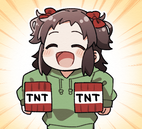 1girl :d ^_^ artist_self-insert blush bow brown_hair carrying carrying_under_arm closed_eyes commentary_request drawstring forehead green_hoodie hair_bow hood hood_down hoodie lowres minecraft open_mouth original red_bow smile solo tnt two_side_up upper_body yukie_(kusaka_shi)