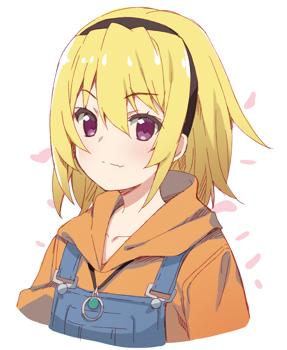 1girl bangs black_hairband blonde_hair brown_hoodie closed_mouth collarbone commentary_request cropped_torso eyebrows_visible_through_hair fang fang_out hair_between_eyes hairband highres higurashi_no_naku_koro_ni hood hood_down hoodie houjou_satoko long_hair looking_at_viewer meito_(maze) overalls petals simple_background smile solo upper_body violet_eyes white_background