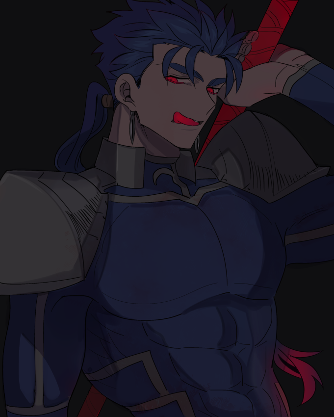 1boy abs armor blue_bodysuit blue_hair bodysuit cu_chulainn_(fate) cu_chulainn_(fate/stay_night) earrings fate/stay_night fate_(series) gae_bolg_(fate) holding holding_polearm holding_weapon jewelry long_hair male_focus muscular muscular_male open_mouth pauldrons pectorals polearm red_eyes shoulder_armor simple_background skin_tight solo spiky_hair tongue tongue_out weapon yap_(dhgrail)