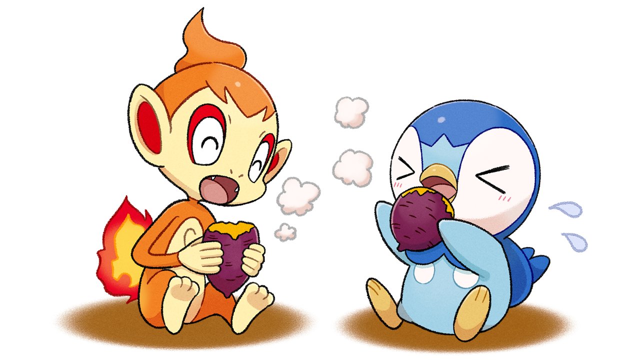 &gt;_&lt; blush chimchar closed_eyes commentary_request eating fangs fire flame flying_sweatdrops holding no_humans official_art open_mouth piplup pokemon pokemon_(creature) project_pochama sitting toes tongue