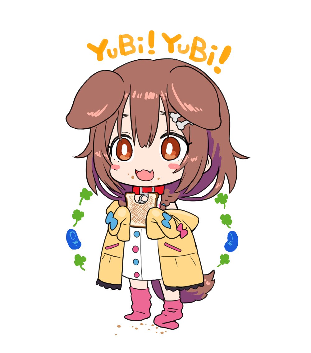 1girl :d animal_ears blush_stickers braid bright_pupils brown_eyes brown_hair catchphrase chibi dog_ears dog_tail dress eating fang food food_on_face hololive inugami_korone jacket long_sleeves loose_socks pink_legwear sabaku_chitai simple_background sleeves_past_fingers sleeves_past_wrists smile socks standing tail toast twin_braids white_background white_dress white_pupils yellow_jacket yubi_yubi_(inugami_korone)