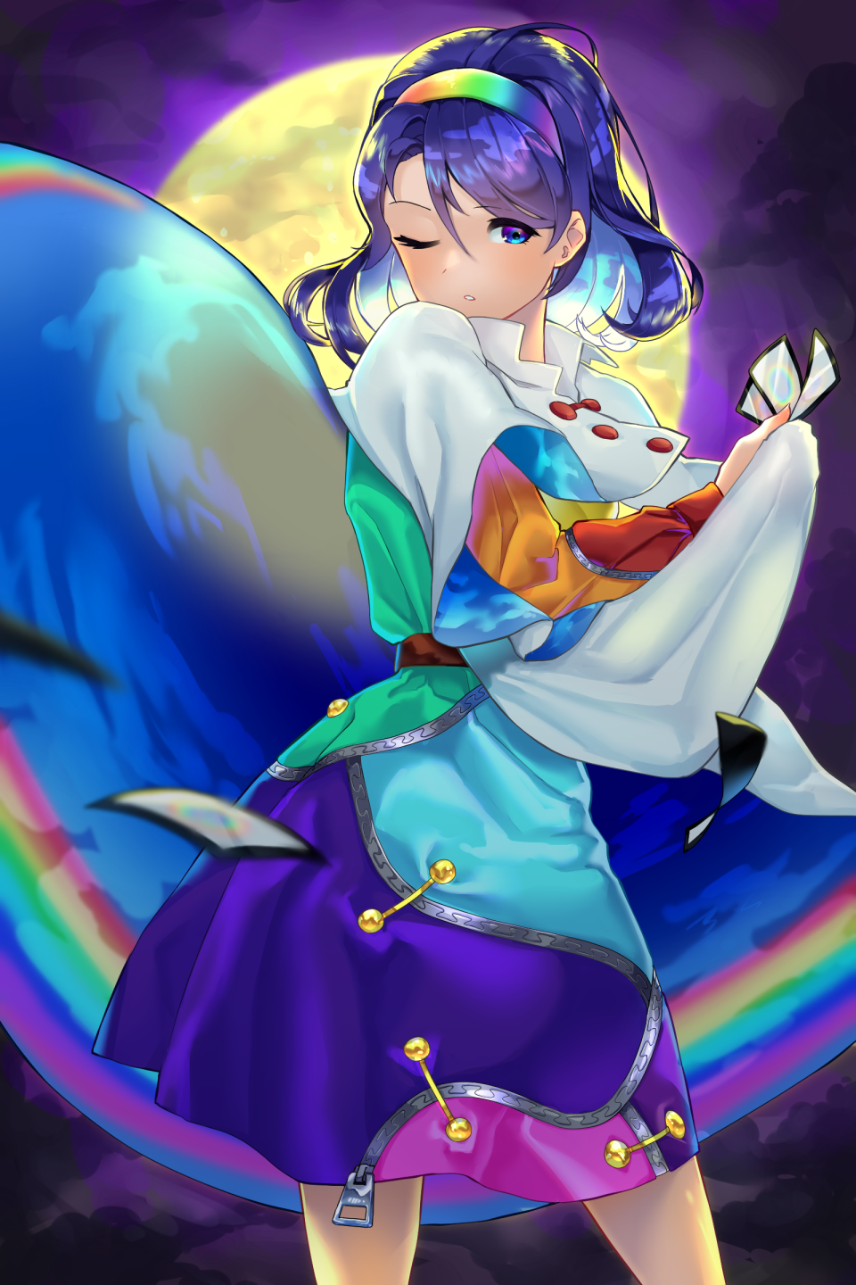 1girl blue_eyes blue_hair cape card cloak cowboy_shot dress highres holding holding_cape holding_card holding_clothes moon multicolored multicolored_clothes multicolored_dress multicolored_hairband one_eye_closed patchwork_clothes rainbow_gradient red_button sky_print tattered_cape tenkyuu_chimata touhou two-sided_cape two-sided_fabric wankosoba white_cape white_cloak zipper