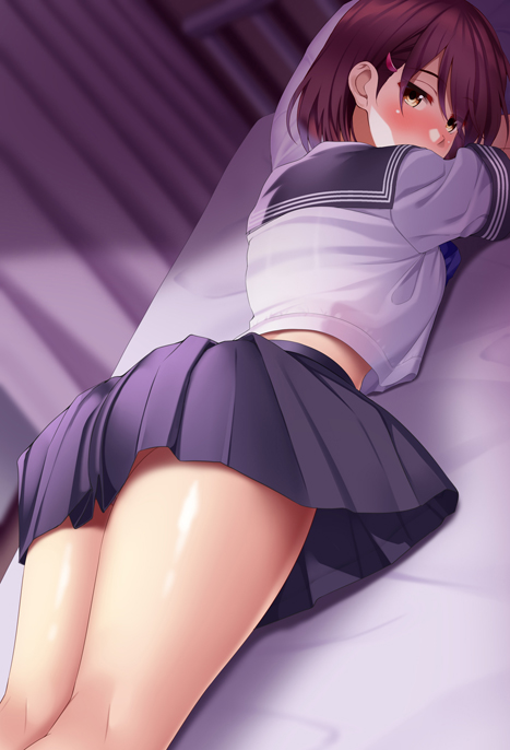 1girl ass blurry blurry_background blush bra_through_clothes eyebrows_visible_through_hair hair_ornament hairclip huyumitsu infirmary kneepits looking_at_viewer lying on_bed on_stomach original school_uniform serafuku short_hair skirt solo thighs