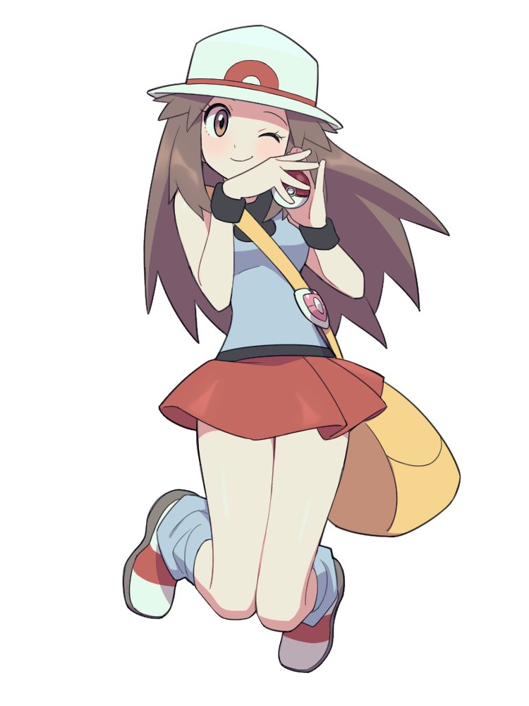 1girl ;) agata_(agatha) bag black_wristband blue_legwear blue_shirt blush brown_eyes brown_hair bucket_hat closed_mouth eyelashes full_body hair_flaps hat holding holding_poke_ball leaf_(pokemon) long_hair loose_socks messenger_bag one_eye_closed pleated_skirt poke_ball poke_ball_(basic) pokemon pokemon_(game) pokemon_frlg red_skirt shirt shoes shoulder_bag skirt sleeveless sleeveless_shirt smile solo symbol-only_commentary vs_seeker white_footwear white_headwear wristband yellow_bag