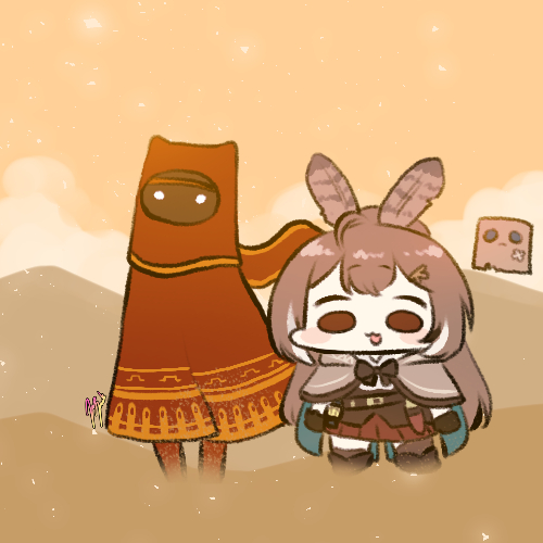 1girl 1other bag bow bowtie brown_eyes brown_hair cape chibi clouds corset crossover desert feather_hair_ornament feathers friend_(nanashi_mumei) hair_ornament hairclip hololive hololive_english jazz_jack journey long_hair lowres mountain nanashi_mumei overalls paper_bag pleated_skirt ponytail robe scarf skirt sky traveler virtual_youtuber