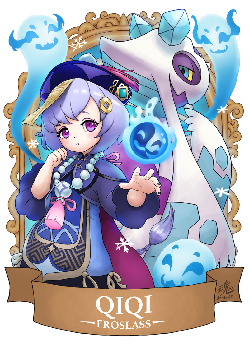 1girl bangs banner bead_necklace beads black_nails braid cape character_name chinese_clothes commentary crossover english_commentary eyebrows_visible_through_hair froslass genshin_impact ghost hair_between_eyes hat jewelry jiangshi long_hair long_sleeves looking_at_viewer low_ponytail necklace orb parted_lips pokemon pokemon_(creature) purple_hair qing_guanmao qiqi_(genshin_impact) reaching_out ry-spirit sidelocks single_braid snowflakes violet_eyes wide_sleeves