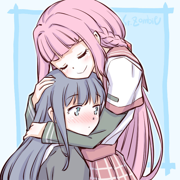 artist_name blue_eyes blue_hair blush braid closed_eyes hand_on_another's_head hug long_hair magia_record:_mahou_shoujo_madoka_magica_gaiden mahou_shoujo_madoka_magica nanami_yachiyo pink_hair school_uniform serafuku smile studiozombie tamaki_iroha upper_body yuri