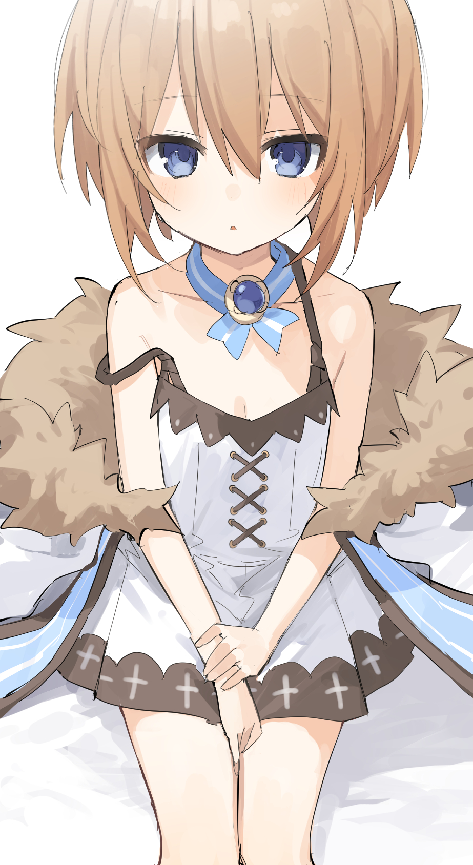 1girl bare_shoulders blanc_(neptune_series) blue_eyes blush breasts brown_hair buran_buta dress expressionless hair_between_eyes highres looking_at_viewer medium_hair neptune_(series) simple_background sitting small_breasts solo spaghetti_strap white_background white_dress