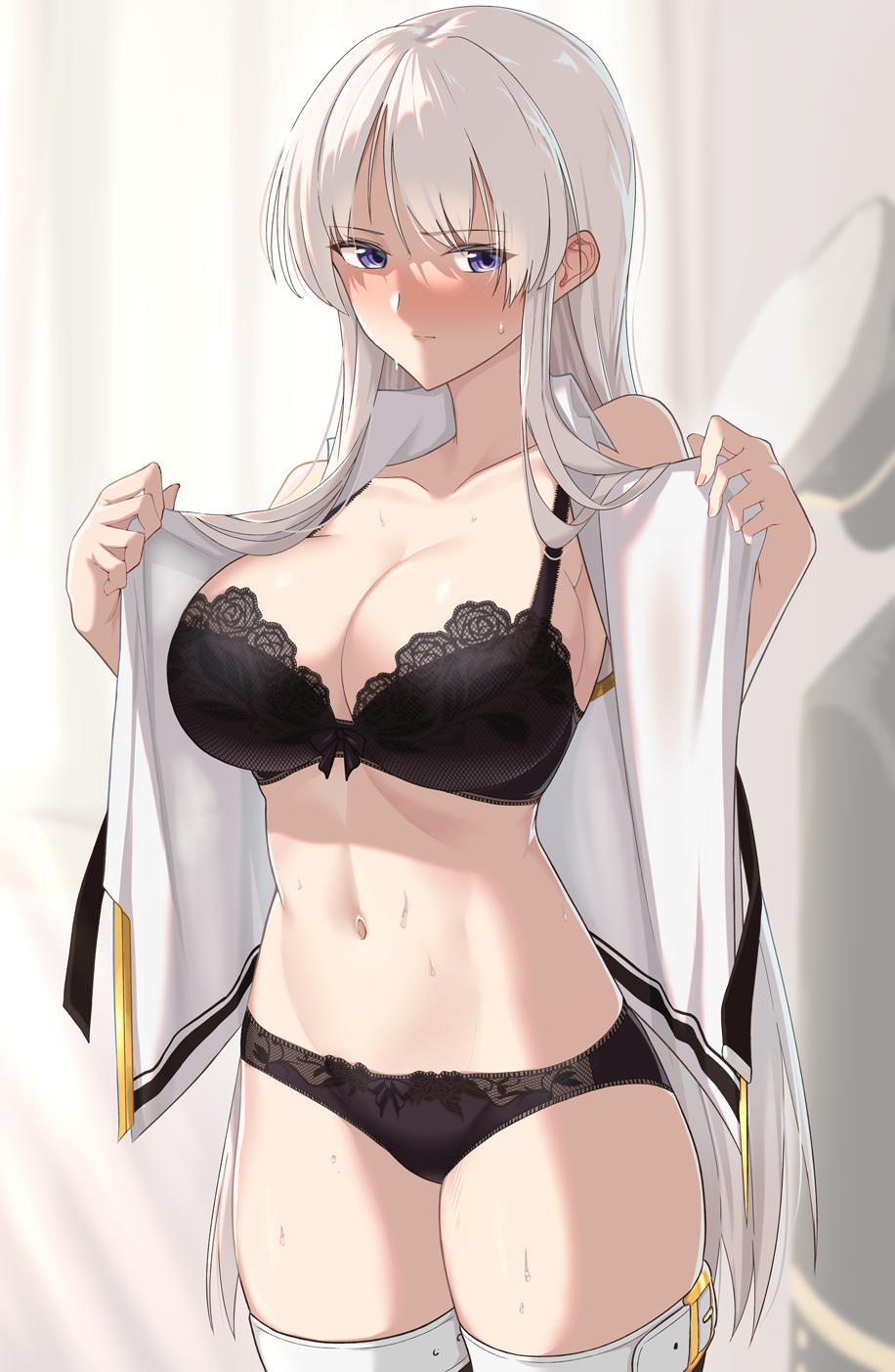 1girl azur_lane bangs bare_shoulders belt black_bra black_jacket black_legwear black_panties blue_eyes blush bow bow_panties bra breasts closed_mouth collarbone collared_shirt cowboy_shot eagle_union_(emblem) enterprise_(azur_lane) eyebrows_visible_through_hair gold_trim hat highres jacket lace-trimmed_bra lace_trim large_breasts long_hair morino_(harpoomoss) navel nose_blush open_clothes open_shirt panties peaked_cap shirt sideboob silver_hair sleeveless sleeveless_shirt solo stomach sweat thigh-highs thighs toned twitter_username underwear undressing very_long_hair white_belt white_hair white_headwear white_shirt