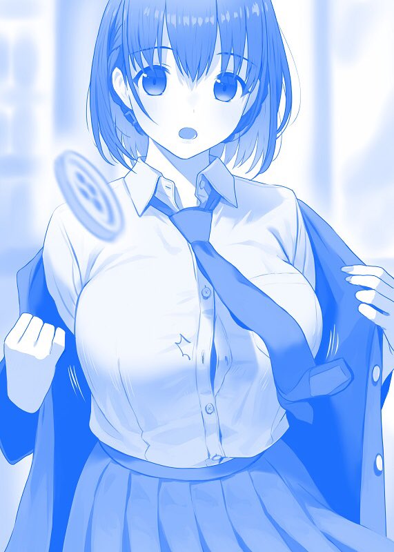 1girl :o ai-chan_(tawawa) bangs blue_theme blurry blurry_background braid breasts buttons collared_shirt commentary_request doushimasho eyebrows_behind_hair getsuyoubi_no_tawawa himura_kiseki_(style) large_breasts looking_at_viewer medium_hair monochrome necktie open_mouth school_uniform shirt solo tawawa_group uniform wardrobe_malfunction