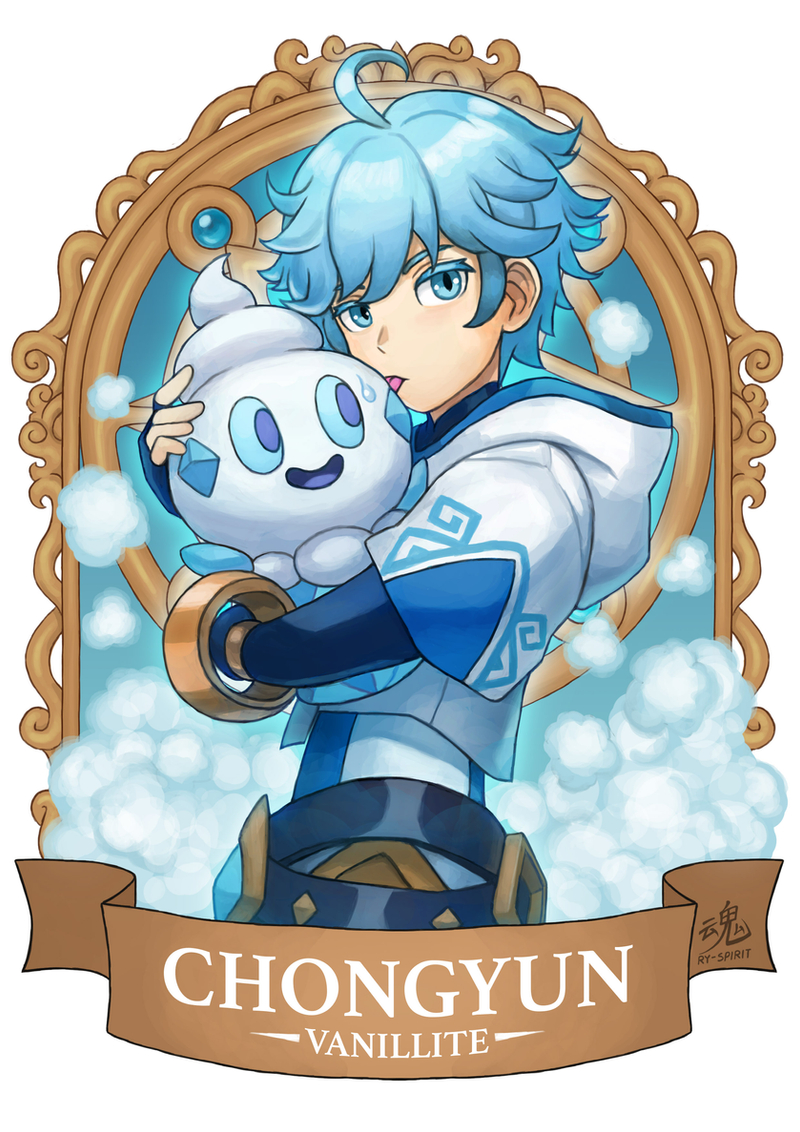 :d aqua_eyes aqua_hair bangs banner belt bracelet character_name chinese_clothes chongyun_(genshin_impact) commentary crossover english_commentary food genshin_impact hood hug ice_cream jewelry licking open_mouth pokemon pokemon_(creature) ry-spirit short_hair short_sleeves sidelocks smile sweat vanillite