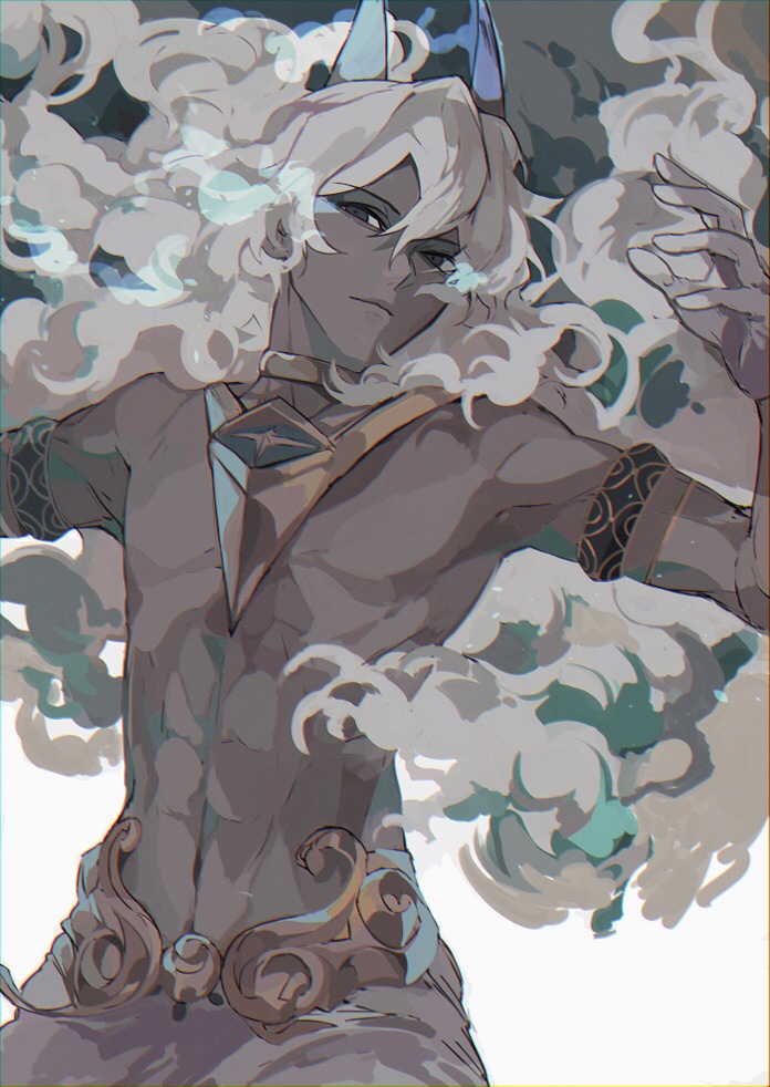 1boy arjuna_(fate) arjuna_alter_(fate) big_hair brown_eyes closed_mouth dark_skin detached_sleeves ebanoniwa fate/grand_order fate_(series) floating_hair grey_hair hands_up horns light_smile long_hair looking_at_viewer male_focus navel solo topless_male very_long_hair white_background