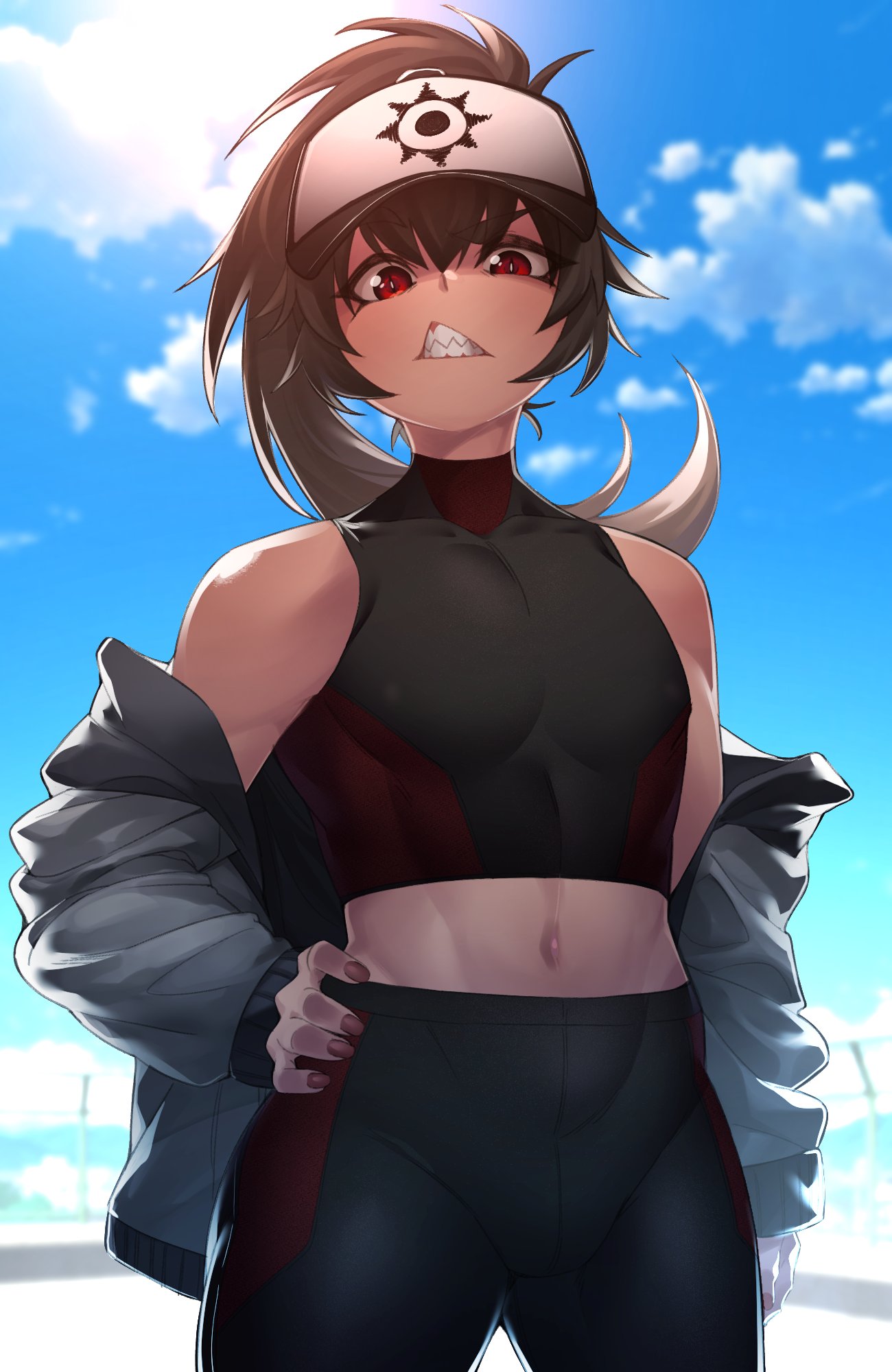 1boy bare_shoulders baseball_cap black_hair clenched_teeth clouds cloudy_sky commentary_request crop_top day demon_king_(in) hand_on_hip hat highres in_(ain) jacket jacket_removed korean_commentary long_hair looking_at_viewer midriff navel open_mouth original outdoors ponytail red_eyes red_nails sharp_teeth sky solo teeth