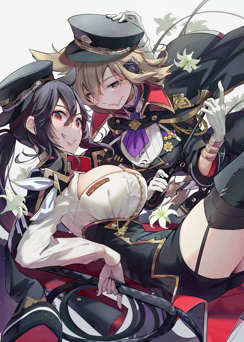 2girls aiguillette alternate_costume animal_ears bangs black_footwear black_hair black_legwear blush boots breasts buttons coat coat_on_shoulders commentary_request earmuffs epaulettes flower garter_straps gloves gold_bracelet gold_trim grin hair_between_eyes hat horse_ears horse_tail kurokoma_saki large_breasts light_brown_hair lily_(flower) long_hair long_sleeves looking_at_viewer medal military military_hat military_uniform multiple_girls ponytail purple_neckwear red_eyes shirt short_hair sidelocks simple_background smile syuri22 tail tassel thigh-highs thigh_boots touhou toyosatomimi_no_miko uniform whip white_background white_gloves white_shirt yellow_eyes