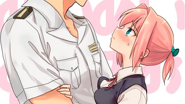 1boy 1girl admiral_(kancolle) blue_eyes breast_press breasts commentary_request dress_shirt grey_vest hair_ornament head_out_of_frame kantai_collection looking_up medium_breasts military military_uniform naval_uniform neck_ribbon pink_hair ponytail r-king red_ribbon ribbon school_uniform shiranui_(kancolle) shirt short_hair short_sleeves uniform upper_body vest white_shirt
