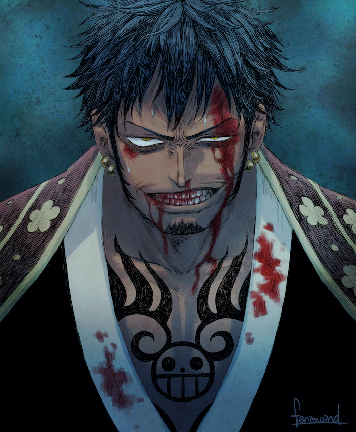 1boy artist_name black_hair blood blood_on_clothes blood_on_face blood_splatter commentary earrings english_commentary facial_hair feriowind grin japanese_clothes jewelry looking_at_viewer male_focus one_piece short_hair signature smile solo stubble tattoo trafalgar_law yellow_eyes