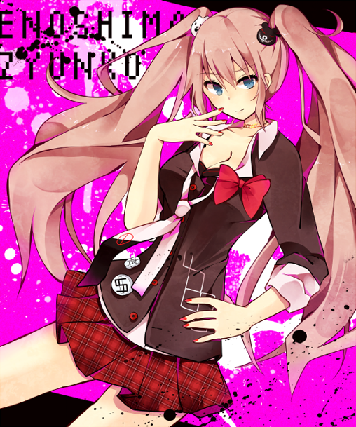 1girl bangs bear_hair_ornament bow character_name closed_mouth commentary cowboy_shot danganronpa:_trigger_happy_havoc danganronpa_(series) enoshima_junko eyebrows_visible_through_hair hair_ornament light_blue_eyes looking_at_viewer multicolored multicolored_background nail_polish necktie paint_splatter pink_background pink_hair plaid plaid_skirt red_bow red_nails school_uniform skirt smile solo spoilers tamagogayu1998 twintails