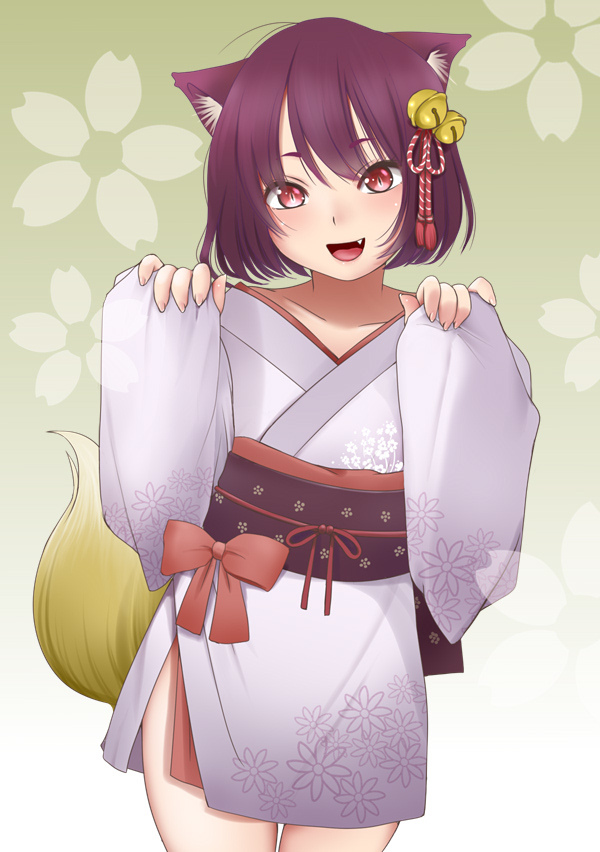 1girl :d ahoge animal_ears bell blush bow cat_ears cowboy_shot fang fox_tail green_background grey_kimono hair_bell hair_ornament hands_up head_tilt japanese_clothes jingle_bell kimono kozue_akari long_sleeves looking_at_viewer medium_hair obi open_mouth original purple_hair red_bow red_eyes sash sleeves_past_wrists slit_pupils smile solo standing tail
