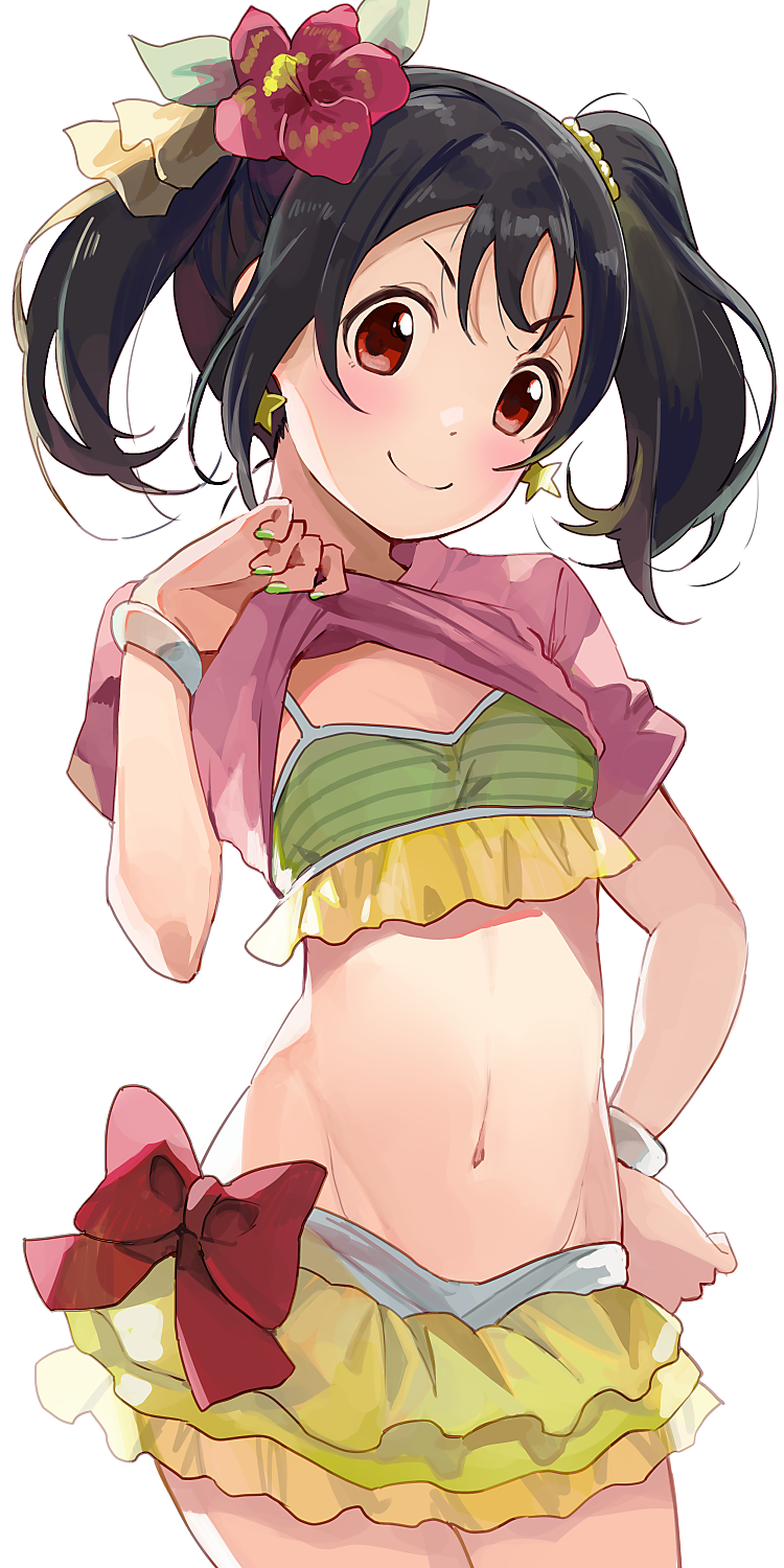 1girl bikini black_hair bracelet breasts closed_mouth clothes_lift earrings fingernails flower frilled_bikini frills green_nails hair_flower hair_ornament hand_on_hip highres hiroki_(yyqw7151) jewelry looking_at_viewer love_live! love_live!_school_idol_project nail_polish navel red_eyes shirt_lift short_hair simple_background small_breasts smile solo star_(symbol) star_earrings stomach swimsuit twintails white_background yazawa_nico