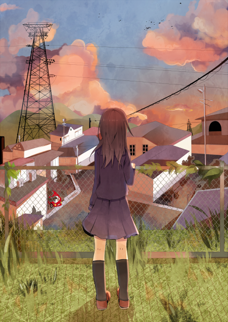 1girl black_legwear black_shirt black_skirt brown_hair cable car clouds cloudy_sky commentary_request fence from_behind grass ground_vehicle house kneehighs lamppost long_hair motor_vehicle original outdoors radio_tower scenery shirt skirt sky sunset tamagogayu1998 town