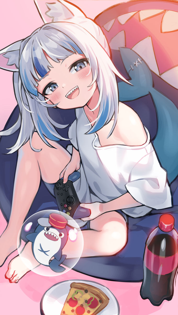 1girl :d animal_ear_fluff animal_ears bare_shoulders barefoot bloop_(gawr_gura) blue_hair cat_ears cola commentary controller fish_tail game_controller gawr_gura grey_eyes grey_hair head_tilt highres holding hololive hololive_english lim_jaejin long_hair looking_at_viewer multicolored_hair off_shoulder open_mouth pizza_slice plate shark_tail sharp_teeth shirt short_sleeves side_ponytail sidelocks sitting smile soda_bottle streaked_hair tail teeth virtual_youtuber white_shirt