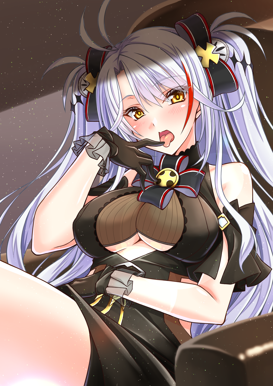 1girl antenna_hair azur_lane black_dress black_gloves breasts clothing_cutout dress finger_to_mouth gekato gloves hair_ribbon highres large_breasts light_purple_hair long_hair looking_at_viewer multicolored_hair official_alternate_costume open_mouth prinz_eugen_(azur_lane) prinz_eugen_(cordial_cornflower)_(azur_lane) redhead ribbon see-through shoulder_cutout sitting solo streaked_hair tongue tongue_out two-tone_hair underboob_cutout yellow_eyes