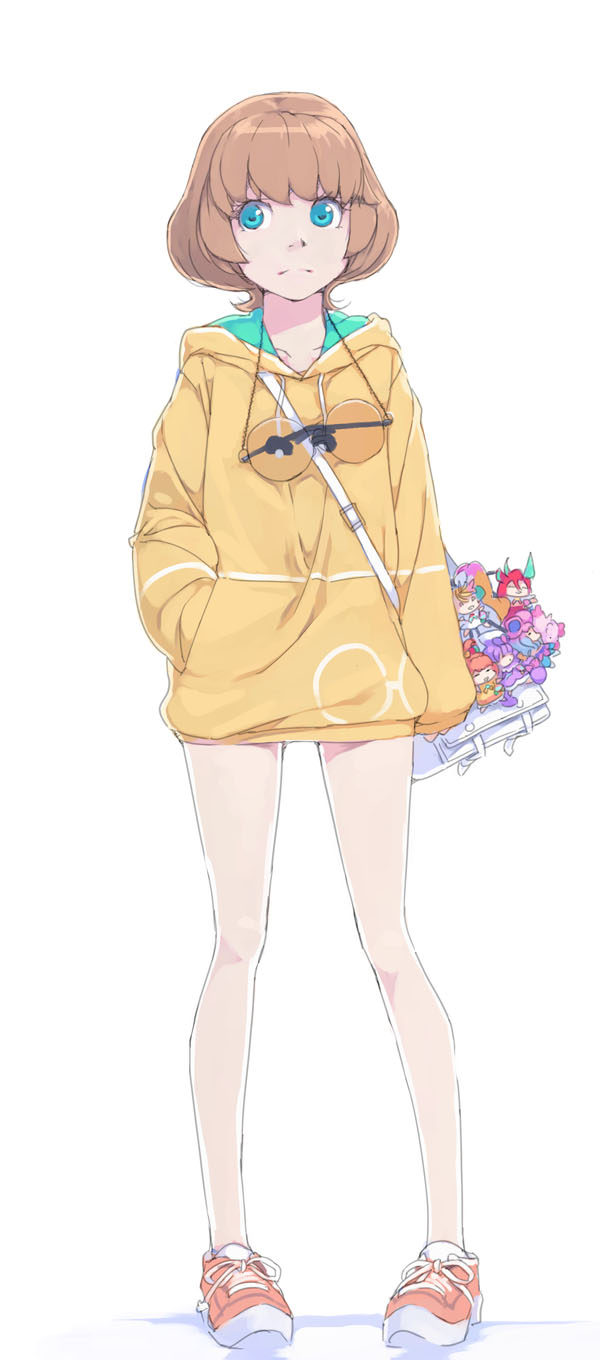 1girl akinbo_(hyouka_fuyou) blue_eyes brown_hair closed_mouth collarbone frown full_body hand_in_pocket highres hood hood_down hooded_sweater ichinose_minori long_sleeves looking_to_the_side orange_footwear precure shiny shiny_hair shoes short_hair simple_background sneakers solo standing sweater tropical-rouge!_precure white_background yellow_sweater