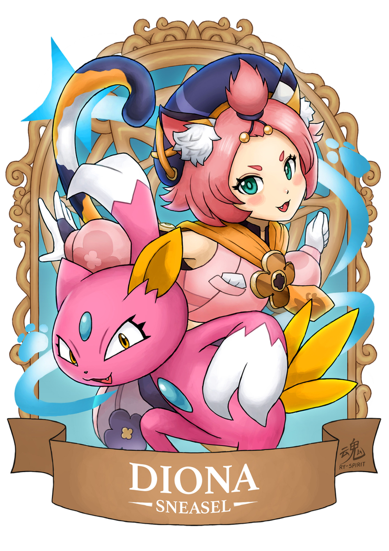 1girl :3 :d animal_ears bangs_pinned_back banner blush_stickers cat cat_ears cat_girl cat_tail character_name commentary crossover detached_sleeves diona_(genshin_impact) english_commentary fang forehead genshin_impact gloves green_eyes hat long_sleeves looking_at_viewer open_mouth pink_hair pokemon pokemon_(creature) puffy_detached_sleeves puffy_sleeves ry-spirit shiny_pokemon short_hair sidelocks smile sneasel tail thick_eyebrows white_gloves