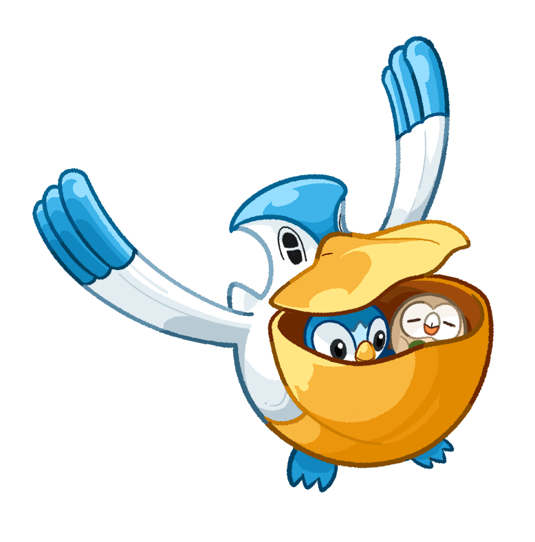 beak bird black_eyes closed_eyes closed_mouth commentary_request flying in_mouth korean_commentary no_humans pelipper piplup pokemon pokemon_(creature) rowlet transparent_background yamaegom