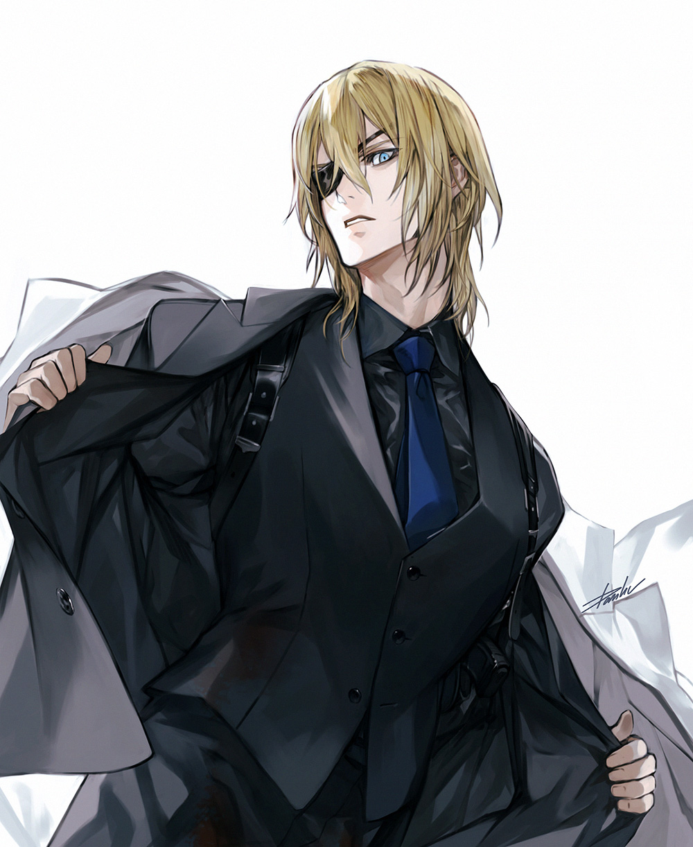 1boy bangs black_eyepatch black_jacket black_pants black_shirt black_suit black_vest blonde_hair blue_eyes blue_neckwear coat coat_on_shoulders collared_shirt cowboy_shot danhu dimitri_alexandre_blaiddyd dress_shirt eyepatch fire_emblem fire_emblem:_three_houses formal hair_between_eyes highres jacket long_sleeves looking_at_viewer male_focus medium_hair necktie one_eye_covered pants parted_lips shirt simple_background solo standing vest white_background white_coat