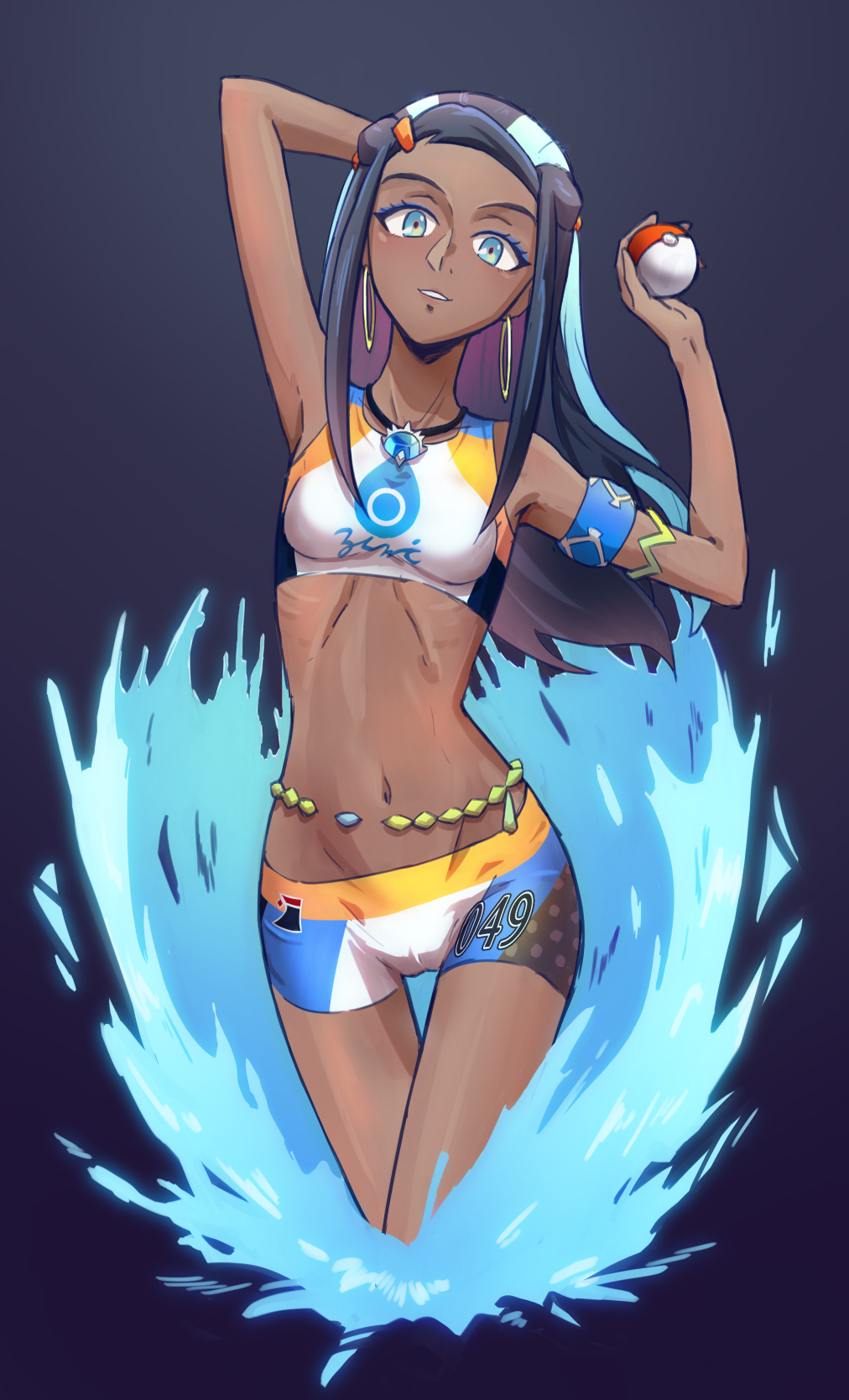 1girl arm_up armlet armpits belly_chain bikini bikini_shorts black_hair blue_background blue_eyes blue_hair breasts cowboy_shot cropped_legs dark-skinned_female dark_skin earrings floating_hair groin hair_ornament hairclip highres holding holding_poke_ball jewelry long_hair looking_at_viewer midriff multicolored_hair navel necklace nessa_(pokemon) ogi_non parted_lips poke_ball pokemon pokemon_(game) pokemon_swsh print_bikini shorts small_breasts solo sports_bikini standing stomach swimsuit thigh_gap two-tone_hair very_long_hair