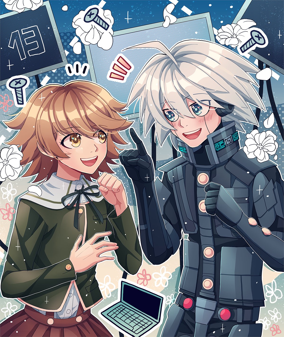 2boys :d ahoge android bangs black_ribbon blush brown_eyes brown_hair brown_skirt cheer_(cheerkitty14) clenched_hand computer cowboy_shot danganronpa:_trigger_happy_havoc danganronpa_(series) danganronpa_v3:_killing_harmony dress_shirt eyebrows_visible_through_hair flower fujisaki_chihiro grey_eyes grey_hair grey_jacket hand_up highres index_finger_raised jacket keebo laptop looking_at_another multiple_boys neck_ribbon open_mouth otoko_no_ko power_armor ribbon screw shiny shiny_hair shirt skirt smile teeth upper_teeth white_shirt