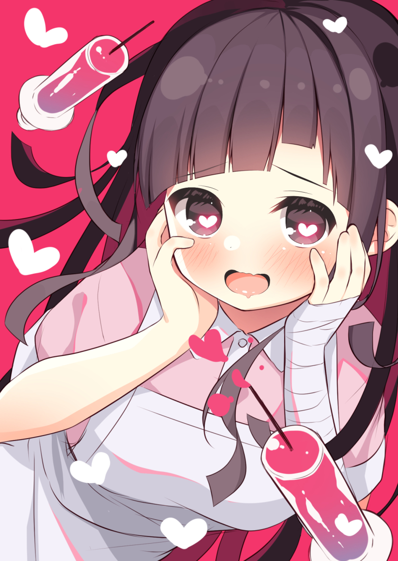 1girl apron bandaged_arm bandaged_hand bandages bangs black_hair blush breasts collared_dress copyright_request dress drooling grey_eyes hanamiya_natsuka hands_on_own_face hands_up heart heart-shaped_pupils long_hair looking_at_viewer medium_breasts mouth_drool multicolored_hair open_mouth pink_dress puffy_short_sleeves puffy_sleeves red_background redhead short_sleeves simple_background solo symbol-shaped_pupils syringe two-tone_hair very_long_hair white_apron
